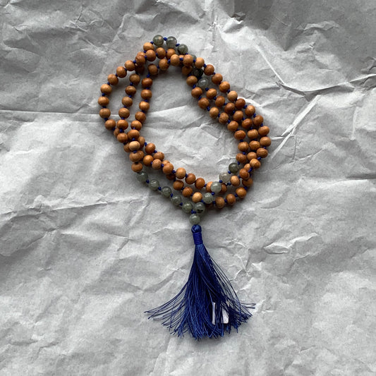 Labradorite and Fragrant wood Knotted Mala (108 beads)