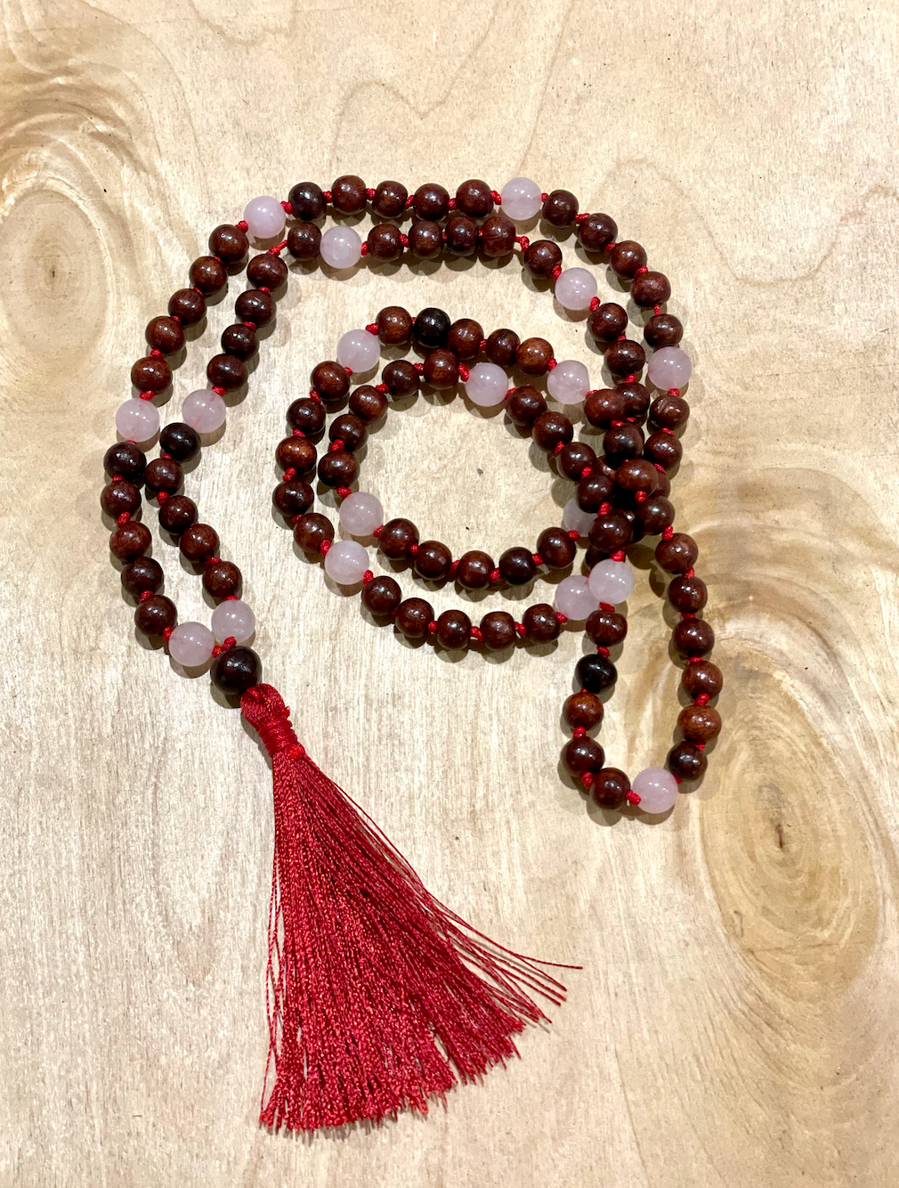 Red wood Mala With Rose Quartz Knotted Mala (108 beads)
