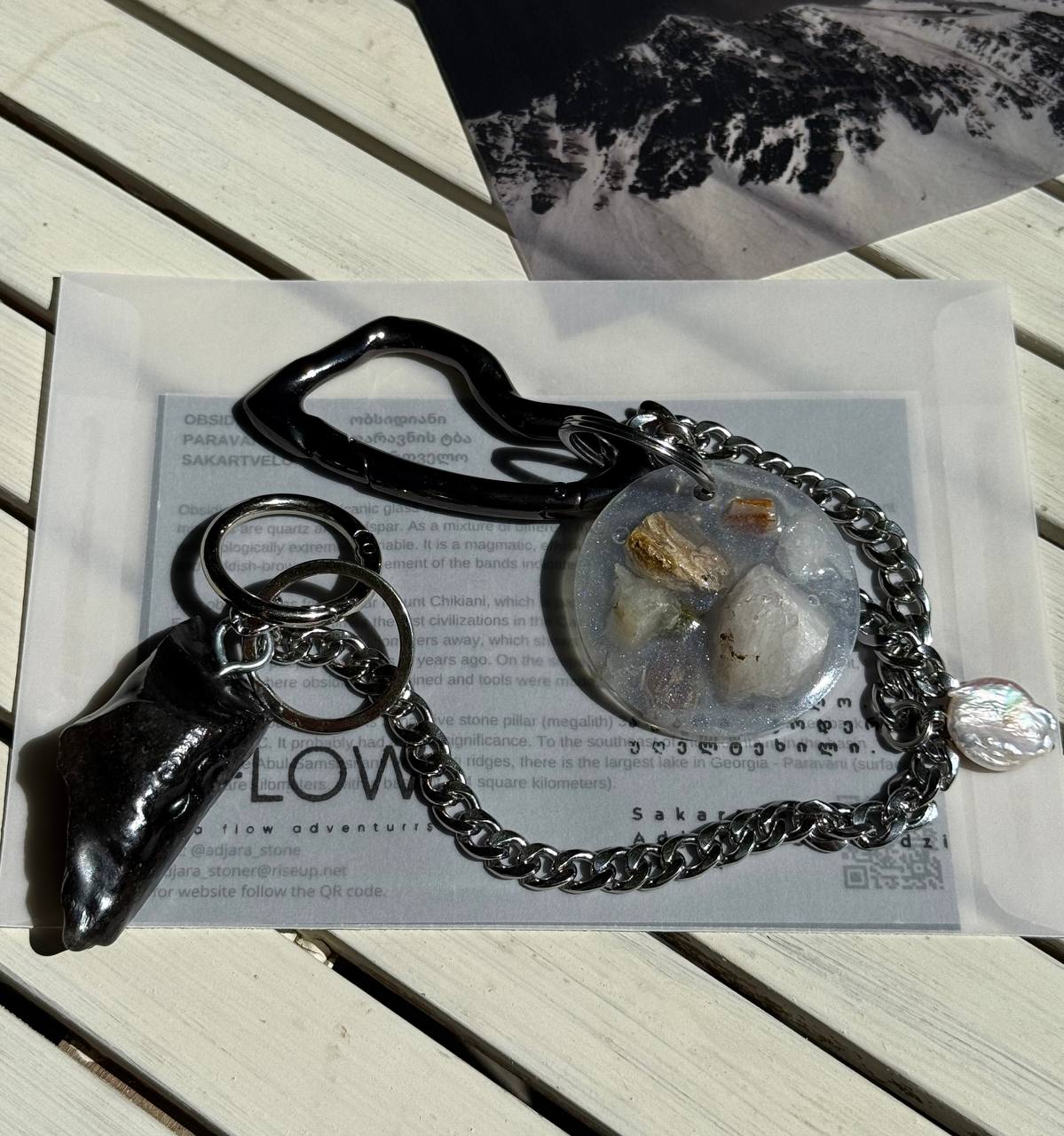 |a_flow| obsidian and natural stone keychain with pearl