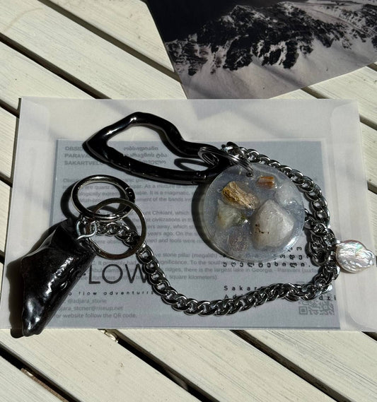 |a_flow| obsidian and natural stone keychain with pearl