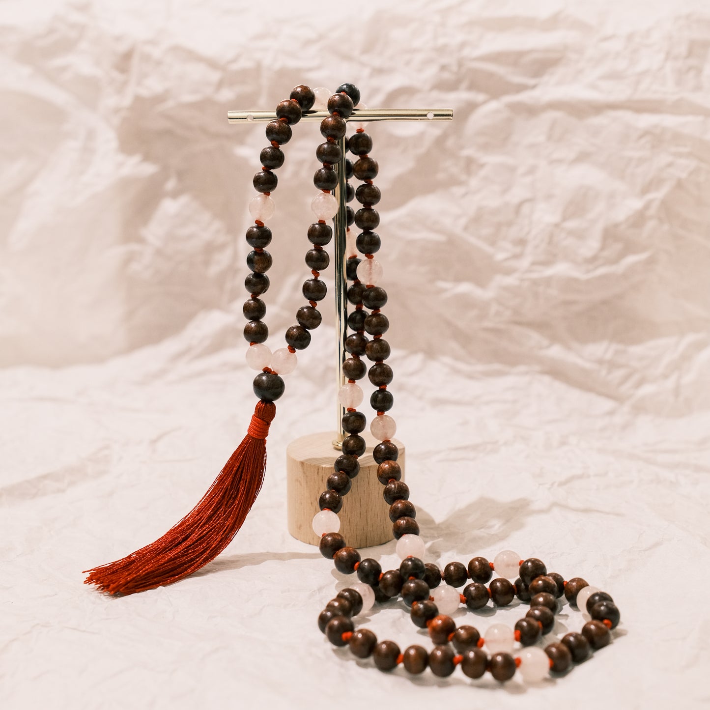 Red wood Mala With Rose Quartz Knotted Mala (108 beads)