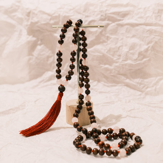 Red wood Mala With Rose Quartz Knotted Mala (108 beads)