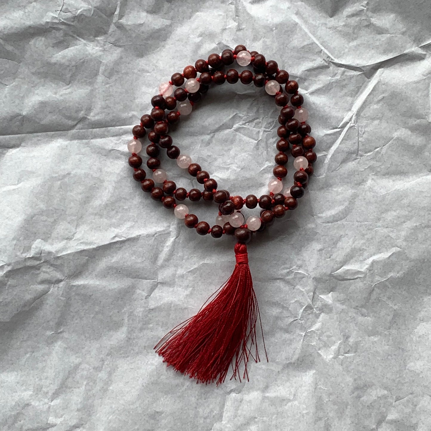 Red wood Mala With Rose Quartz Knotted Mala (108 beads)