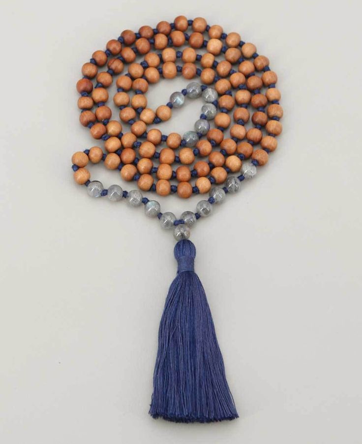 Labradorite and Fragrant wood Knotted Mala (108 beads)